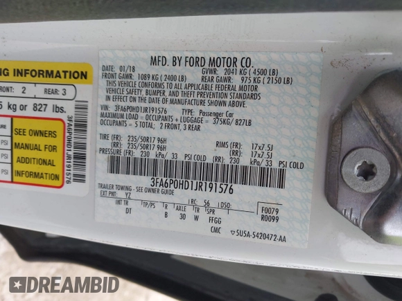 2018 Ford Fusion SE z VIN 3FA6P0HD1JR191576, wystawiony jako IAAI lot #42282669 z przebiegiem 73 439 mil mil oraz . Historia ofert i sprzedaży dostępna na DreamBid. Obrazek 9.