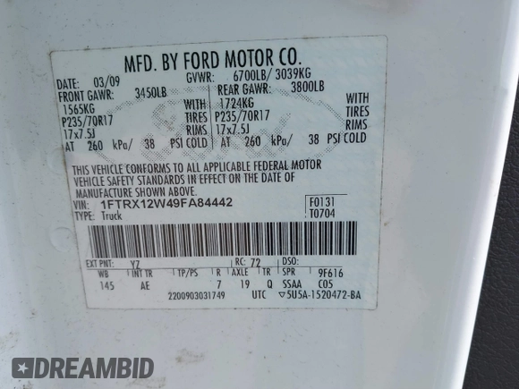 2009 Ford F-150 STX with VIN 1FTRX12W49FA84442, listed as a IAAI auction lot 41824315 with 143,529 mi miles. Bid and sale history available at carsss.com. Image 9.