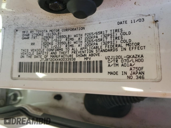 2004 Lexus GX 470 with VIN JTJBT20XX40033938, listed as a Copart auction lot 70871164 with 214,565 mi miles and Salvage Title. Bid and sale history available at carsss.com. Image 14.