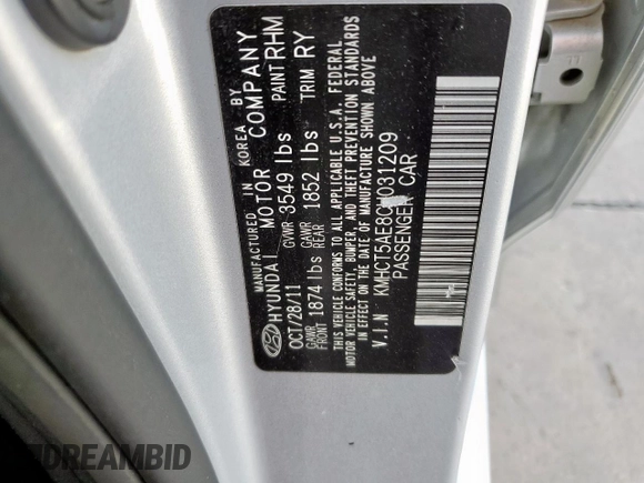 2012 Hyundai Accent GS with VIN KMHCT5AE8CU031209, listed as a Copart auction lot 57881945 with 126,756 mi miles and Salvage title. Bid and sale history available at DreamBid. Image 14.