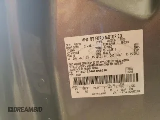 2010 Ford F-150 XL с VIN 1FTEX1E84AFB66610, выставлен на аукционе Copart как лот 60037295 с пробегом 268 402 миль миль и На запчасти • Non repairable. История ставок и продаж доступна на DreamBid. Изображение 12.