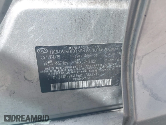 2019 Hyundai Sonata SE with VIN 5NPE24AF6KH746694, listed as a IAAI auction lot 41957791 with 80,851 mi miles and . Bid and sale history available at DreamBid. Image 9.