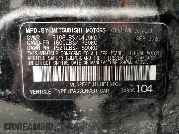 2020 Mitsubishi Mirage G4 SE with VIN ML32F4FJ1LHF13204, listed as a Copart auction lot 48300315 with 34,867 mi miles and Salvage Title. Bid and sale history available at carsss.com. Image 14.