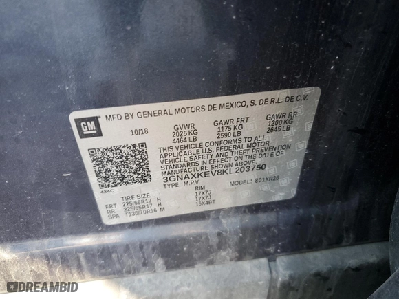 2019 Chevrolet Equinox LT with VIN 3GNAXKEV8KL203750, listed as a Copart auction lot 45648515 with 135,659 mi miles and Salvage Title. Bid and sale history available at carsss.com. Image 15.