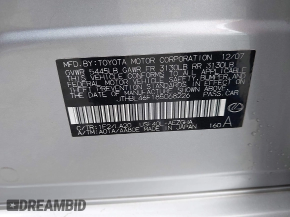 2008 Lexus LS 460 with VIN JTHBL46F185068226, listed as a IAAI auction lot 42068711 with 211,526 mi miles and . Bid and sale history available at DreamBid. Image 9.