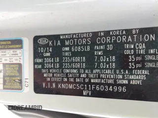 2015 Kia Sedona EX with VIN KNDMC5C11F6034996, listed as a IAAI auction lot 41861066 with 95,506 mi miles. Bid and sale history available at carsss.com. Image 9.