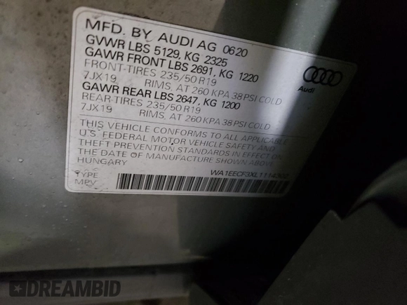 2020 Audi Q3 S line Premium Plus with VIN WA1EECF3XL1114302, listed as a Copart auction lot 52161355 with 39,536 mi miles and Salvage Title. Bid and sale history available at carsss.com. Image 16.