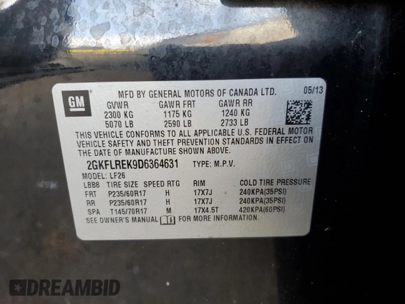 2013 GMC Terrain SLE z VIN 2GKFLREK9D6364631, wystawiony jako Copart lot #43153715 z przebiegiem 90 437 mil mil oraz Szkoda całkowita • Salvage title. Historia ofert i sprzedaży dostępna na DreamBid. Obrazek 14.