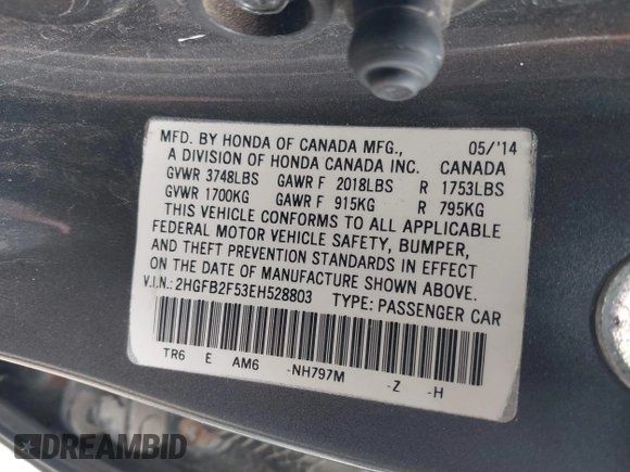 2014 Honda Civic LX z VIN 2HGFB2F53EH528803, wystawiony jako IAAI lot #41567819 z przebiegiem Nie podano mil oraz . Historia ofert i sprzedaży dostępna na DreamBid. Obrazek 9.
