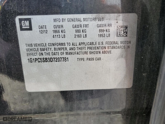 2013 Chevrolet Cruze 1LT with VIN 1G1PC5SB3D7207781, listed as a Copart auction lot 52461625 with 106,181 mi miles and Salvage Title. Bid and sale history available at carsss.com. Image 13.