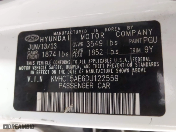2013 Hyundai Accent GL with VIN KMHCT5AE6DU122559, listed as a IAAI auction lot 41800714 with 129,582 mi miles. Bid and sale history available at carsss.com. Image 9.