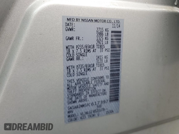 2015 Nissan Pathfinder SL with VIN 5N1AR2MM5FC617397, listed as a Copart auction lot 58304445 with 103,161 mi miles and Salvage title. Bid and sale history available at DreamBid. Image 14.