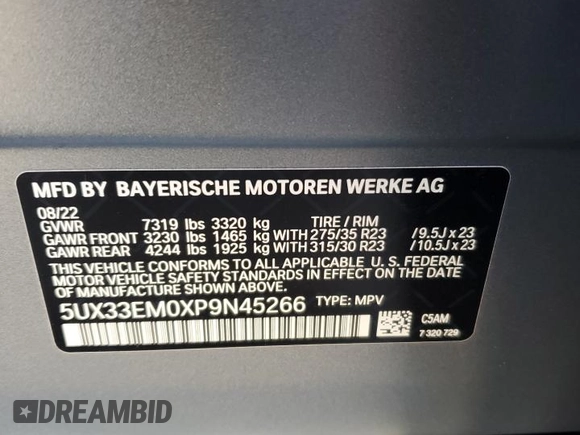 2023 BMW X7 M60i z VIN 5UX33EM0XP9N45266, wystawiony jako Copart lot #68922574 z przebiegiem Nie podano mil oraz Szkody całkowita. Historia ofert i sprzedaży dostępna na DreamBid. Obrazek 15.