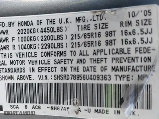 2006 Honda CR-V EX SE with VIN SHSRD78956U409363, listed as a IAAI auction lot 41984661 with 206,875 mi miles. Bid and sale history available at carsss.com. Image 9.