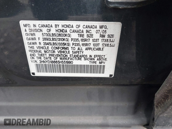 2005 Acura MDX Touring z VIN 2HNYD18665H551990, wystawiony jako IAAI lot #42250288 z przebiegiem Nie podano mil oraz . Historia ofert i sprzedaży dostępna na DreamBid. Obrazek 9.