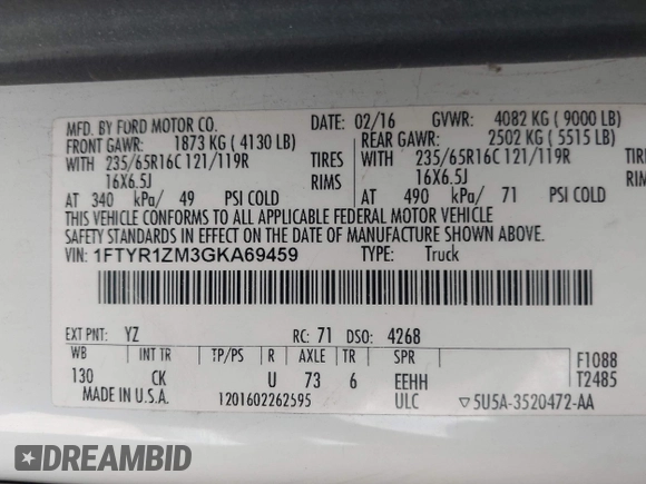 2016 Ford Transit Cargo with VIN 1FTYR1ZM3GKA69459, listed as a IAAI auction lot 42267325 with 183,940 mi miles and . Bid and sale history available at DreamBid. Image 9.