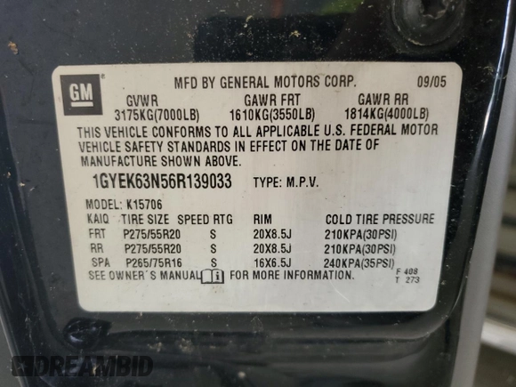 2006 Cadillac Escalade z VIN 1GYEK63N56R139033, wystawiony jako Copart lot #59661465 z przebiegiem Nie podano mil oraz Czysty tytuł • Clean title. Historia ofert i sprzedaży dostępna na DreamBid. Obrazek 13.