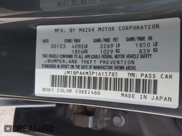 2023 Mazda 3 S Select with VIN JM1BPAKM3P1615785, listed as a IAAI auction lot 42064302 with 63,928 mi miles and . Bid and sale history available at DreamBid. Image 9.