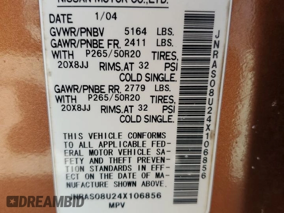 2004 Infiniti FX35 with VIN JNRAS08U24X106856, listed as a Copart auction lot 74199464 with 182,030 mi miles and Non Repairable. Bid and sale history available at carsss.com. Image 13.