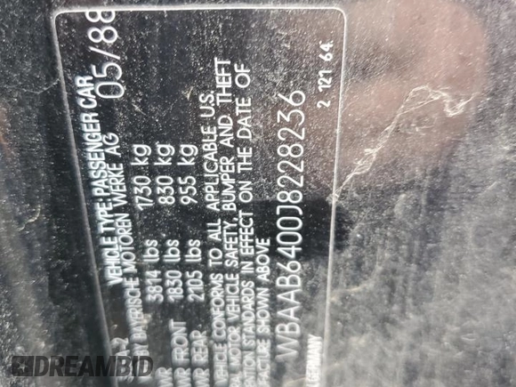 1988 BMW 3 Series z VIN WBAAB6400J8228236, wystawiony jako Copart lot #82770724 z przebiegiem 194 712 mil mil oraz Czysty tytuł • Clean title. Historia ofert i sprzedaży dostępna na DreamBid. Obrazek 12.