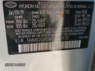 2019 Hyundai Santa Fe SE with VIN 5NMS23AD4KH076930, listed as a Copart auction lot 47891805 with 117,052 mi miles and Salvage Title. Bid and sale history available at carsss.com. Image 14.