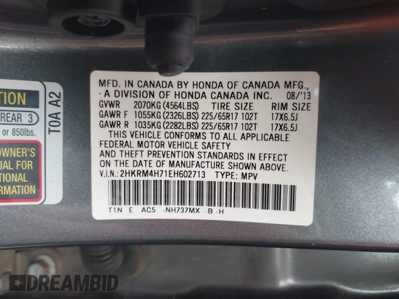 2014 Honda CR-V EX-L with VIN 2HKRM4H71EH602713, listed as a IAAI auction lot 41720322 with 39,294 mi miles. Bid and sale history available at carsss.com. Image 9.