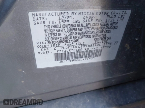 2022 Nissan Kicks S with VIN 3N1CP5BV2NL475905, listed as a IAAI auction lot 41779782 with 44,400 mi miles and . Bid and sale history available at DreamBid. Image 9.