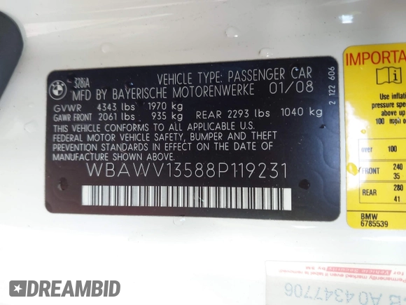 2008 BMW 3 Series 328i with VIN WBAWV13588P119231, listed as a IAAI auction lot 41732023 with 160,923 mi miles and . Bid and sale history available at DreamBid. Image 9.