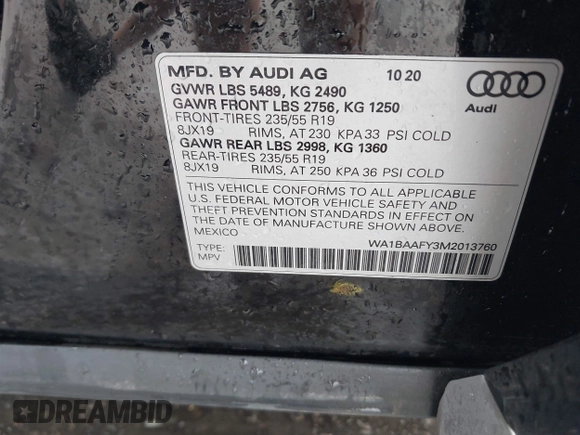 2021 Audi Q5 Premium Plus with VIN WA1BAAFY3M2013760, listed as a IAAI auction lot 41904740 with 64,829 mi miles and . Bid and sale history available at DreamBid. Image 9.