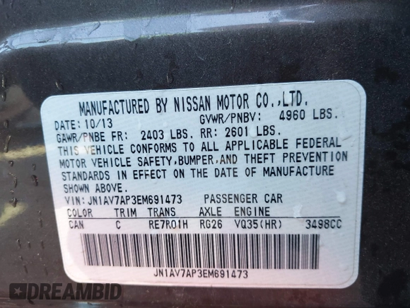 2014 Infiniti Q50 Hybrid Sport with VIN JN1AV7AP3EM691473, listed as a IAAI auction lot 41348911 with 128,851 mi miles and . Bid and sale history available at DreamBid. Image 9.
