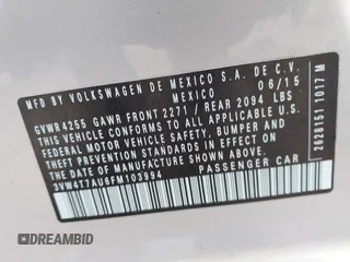 2015 Volkswagen GTI S z VIN 3VW4T7AU6FM103994, wystawiony jako IAAI lot #41940902 z przebiegiem 77 689 mil mil oraz . Historia ofert i sprzedaży dostępna na DreamBid. Obrazek 9.