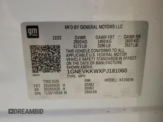 2023 Chevrolet Traverse Premier with VIN 1GNEVKKWXPJ181060, listed as a Copart auction lot 57329665 with 12,286 mi miles and Salvage title. Bid and sale history available at DreamBid. Image 14.