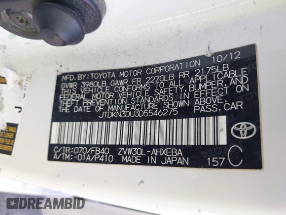 2013 Toyota Prius One with VIN JTDKN3DU3D5546275, listed as a IAAI auction lot 42241864 with 214,104 mi miles and . Bid and sale history available at DreamBid. Image 9.