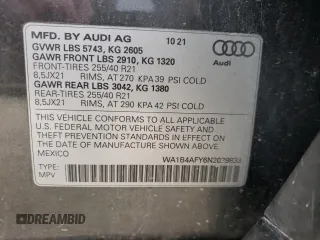 2022 Audi SQ5 Premium Plus with VIN WA1B4AFY6N2029833, listed as a Copart auction lot 52646383 with 11,460 mi miles. Bid and sale history available at carsss.com. Image 14.