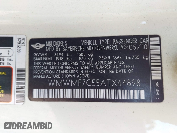 2010 MINI Hardtop S with VIN WMWMF7C55ATX44898, listed as a IAAI auction lot 42727762 with 131,845 mi miles and . Bid and sale history available at DreamBid. Image 9.