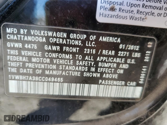 2012 Volkswagen Passat SE z VIN 1VWBH7A38CC049465, wystawiony jako Copart lot #43269985 z przebiegiem 140 636 mil mil oraz Szkoda całkowita • Salvage title. Historia ofert i sprzedaży dostępna na DreamBid. Obrazek 13.