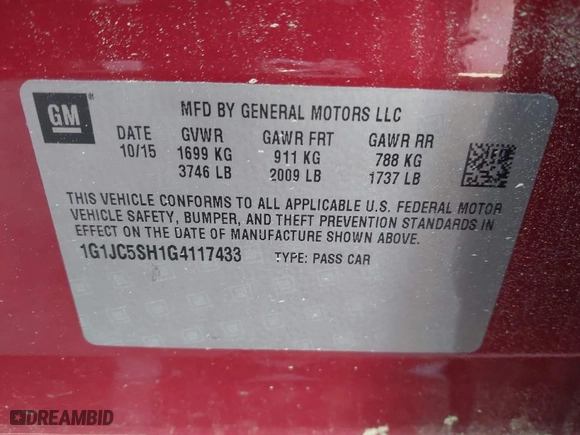 2016 Chevrolet Sonic LT with VIN 1G1JC5SH1G4117433, listed as a IAAI auction lot 42078979 with 167,201 mi miles. Bid and sale history available at carsss.com. Image 9.