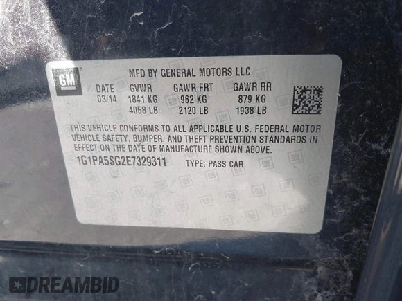 2014 Chevrolet Cruze LS with VIN 1G1PA5SG2E7329311, listed as a IAAI auction lot 40725106 with 95,222 mi miles and . Bid and sale history available at DreamBid. Image 9.
