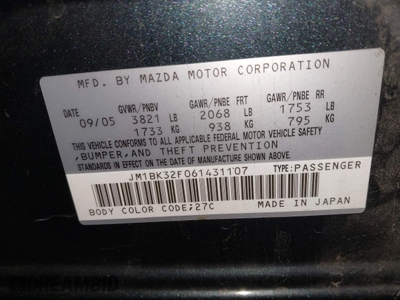 2006 Mazda 3 i Touring with VIN JM1BK32F061431107, listed as a IAAI auction lot 41792011 with 189,533 mi miles and . Bid and sale history available at DreamBid. Image 9.