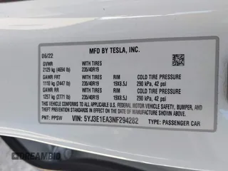 2022 Tesla Model 3 with VIN 5YJ3E1EA3NF294282, listed as a IAAI auction lot 41992046 with 22,383 mi miles. Bid and sale history available at carsss.com. Image 9.