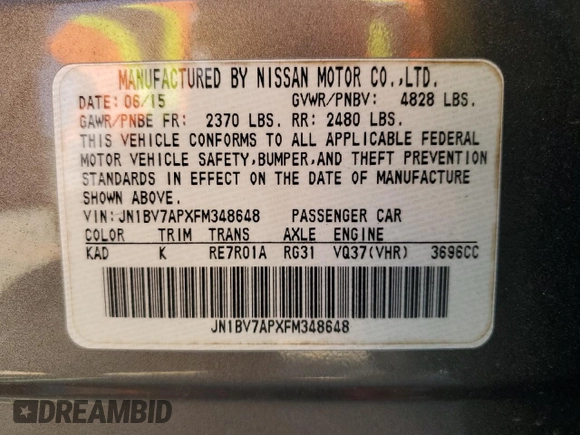 2015 Infiniti Q50 Premium with VIN JN1BV7APXFM348648, listed as a Copart auction lot 48881825 with 163,955 mi miles and Salvage Title. Bid and sale history available at carsss.com. Image 14.