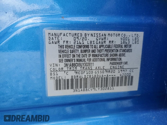 2020 Nissan Sentra SV with VIN 3N1AB8CV9LY302811, listed as a Copart auction lot 51254865 with 16,191 mi miles and Salvage Title. Bid and sale history available at carsss.com. Image 12.