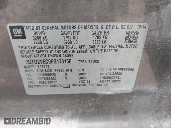 2015 GMC Sierra 1500 SLT with VIN 3GTU2VEC9FG173158, listed as a IAAI auction lot 41934631 with 207,226 mi miles and . Bid and sale history available at DreamBid. Image 9.