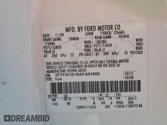 2010 Ford F-150 XL with VIN 1FTFW1EV6AFA91955, listed as a Copart auction lot 54378495 with 182,645 mi miles and Clean Title. Bid and sale history available at carsss.com. Image 12.