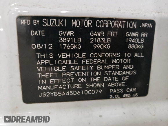 2013 Suzuki SX4 with VIN JS2YB5A45D6100079, listed as a Copart auction lot 76319204 with 192,955 mi miles and Clean Title. Bid and sale history available at DreamBid. Image 13.
