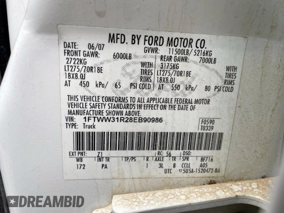 2008 Ford F-350 XL with VIN 1FTWW31R28EB90986, listed as a Copart auction lot 55154925 with Not Provided miles and Clean Title. Bid and sale history available at DreamBid. Image 10.