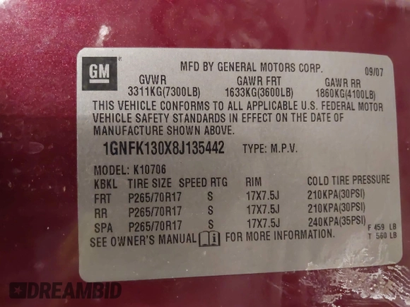 2008 Chevrolet Tahoe LTZ with VIN 1GNFK130X8J135442, listed as a IAAI auction lot 41636838 with 300,602 mi miles and . Bid and sale history available at DreamBid. Image 9.
