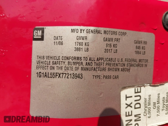 2007 Chevrolet Cobalt LT with VIN 1G1AL55FX77213943, listed as a IAAI auction lot 41782098 with 205,208 mi miles and . Bid and sale history available at DreamBid. Image 9.