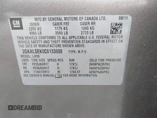 2012 GMC Terrain SLE-2 with VIN 2GKALSEK0C6133908, listed as a IAAI auction lot 42343608 with 141,825 mi miles and . Bid and sale history available at DreamBid. Image 9.