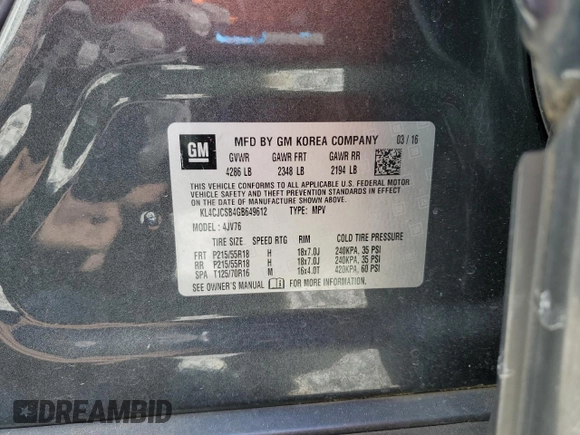 2016 Buick Encore Leather with VIN KL4CJCSB4GB649612, listed as a Copart auction lot 45162505 with 100,567 mi miles and Salvage Title. Bid and sale history available at DreamBid. Image 13.